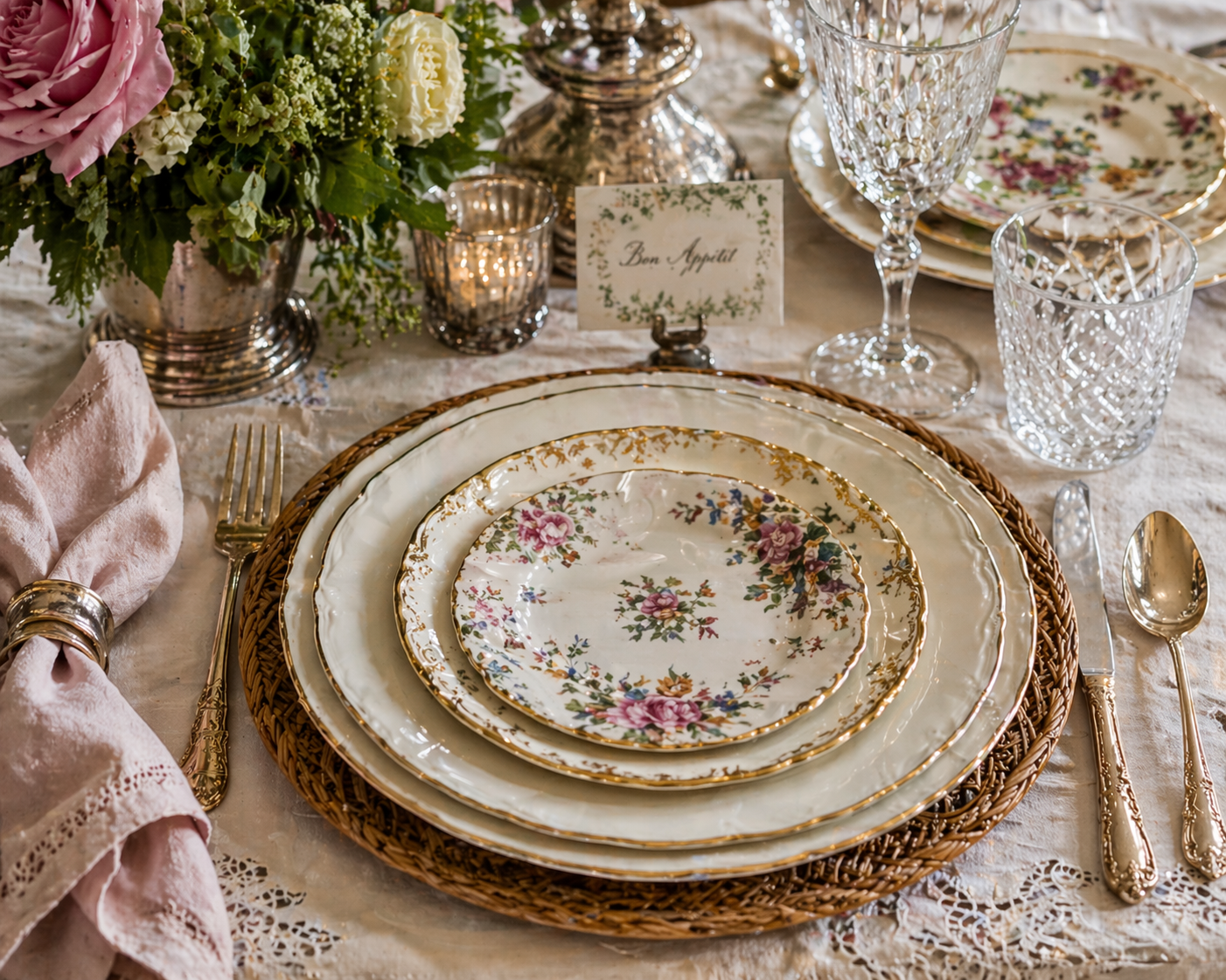 Layered Antique China Table Setting