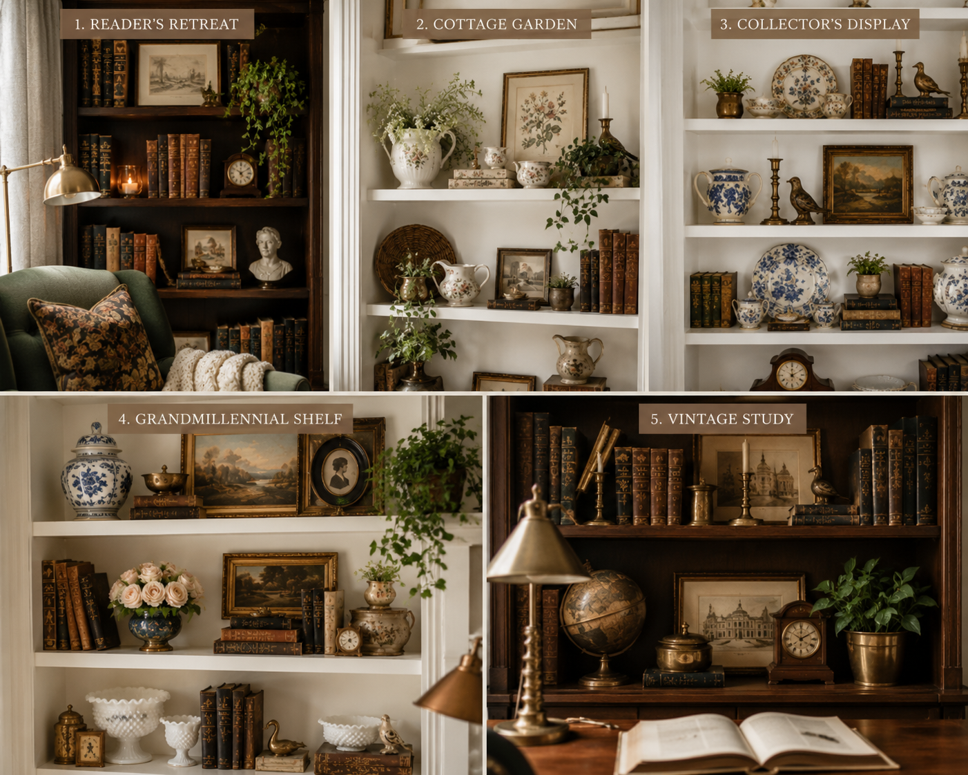 Several styled shelf vignette ideas using antique books, china, collectibles, lamps, and artwork