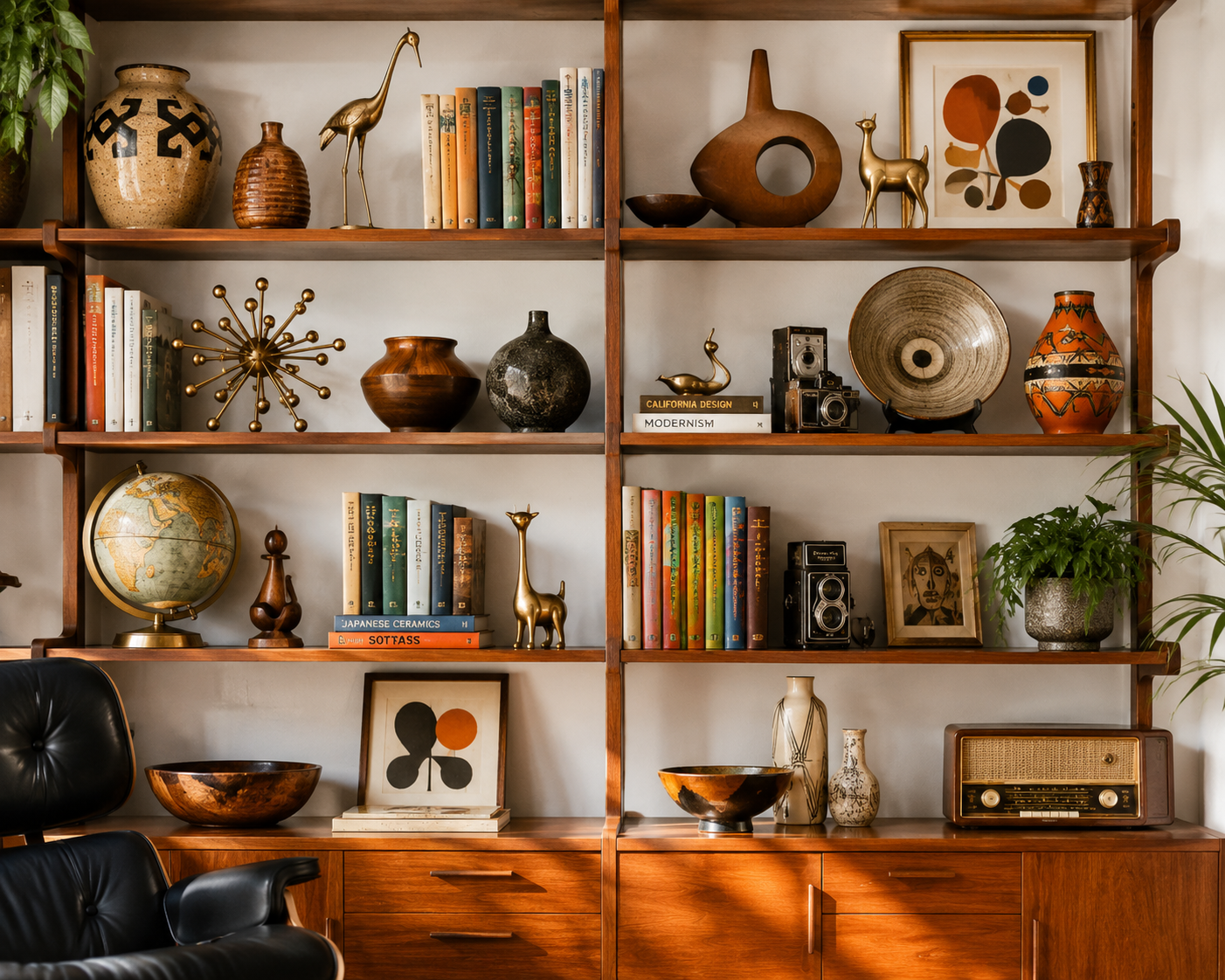 Mid-century modern shelf vignette featuring vintage pottery, abstract art, walnut accessories, brass accents, and colorful books