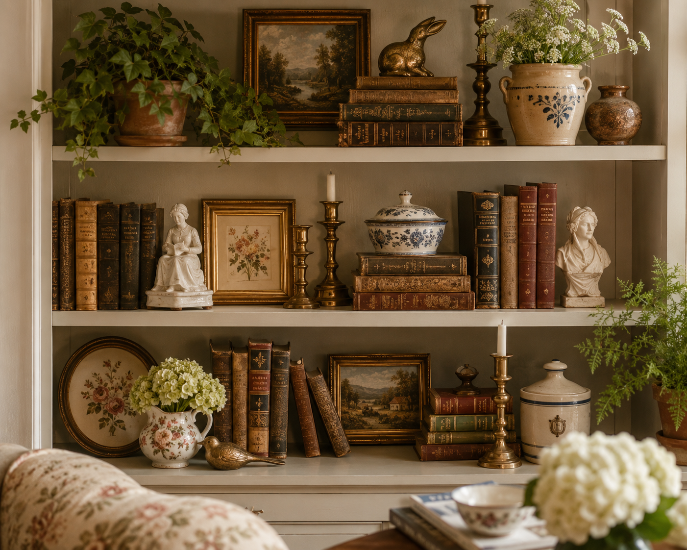 Styled bookshelf vignette with vintage books, candlesticks, artwork, and pottery