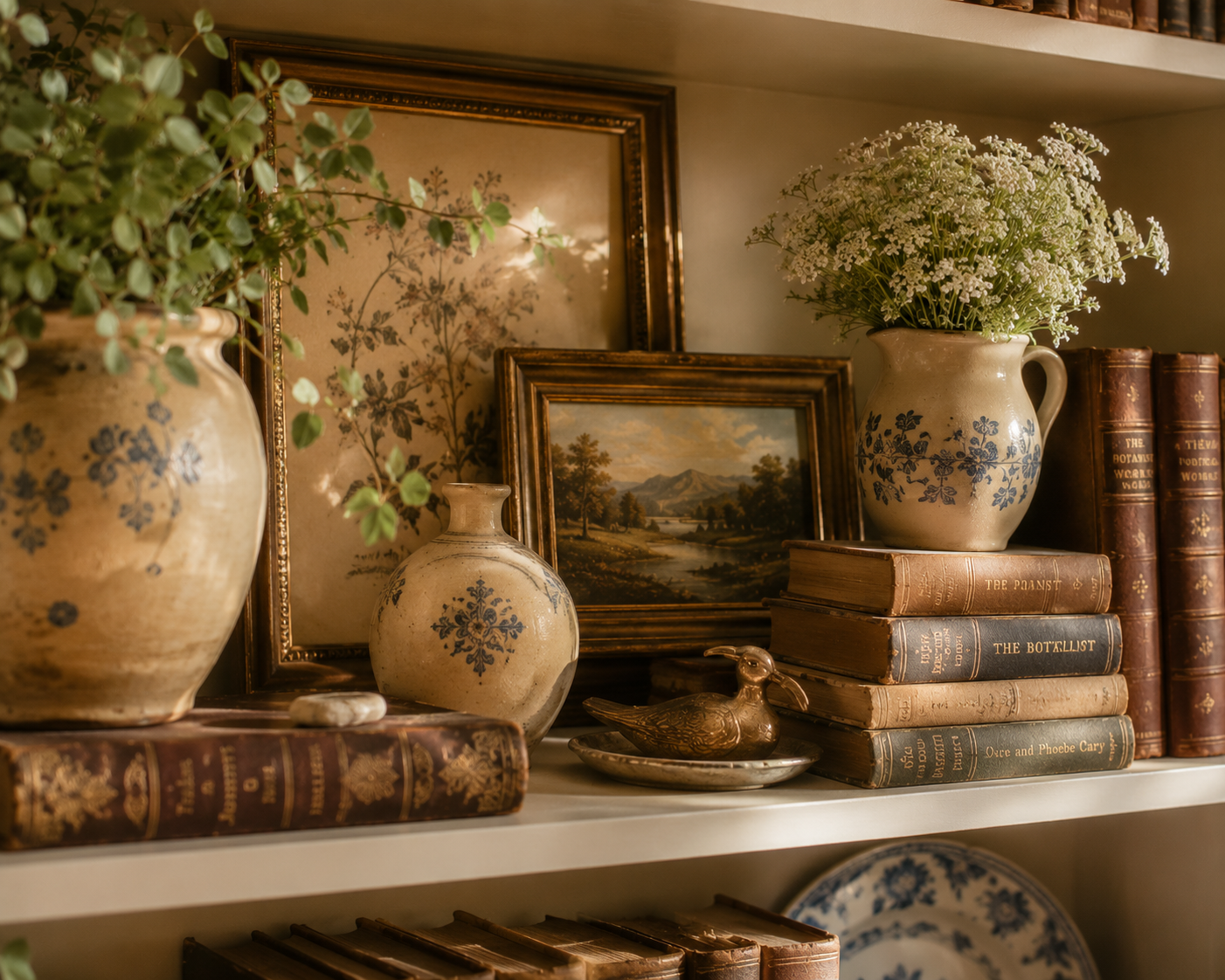 Framed artwork layered behind vintage books and pottery on a shelf
