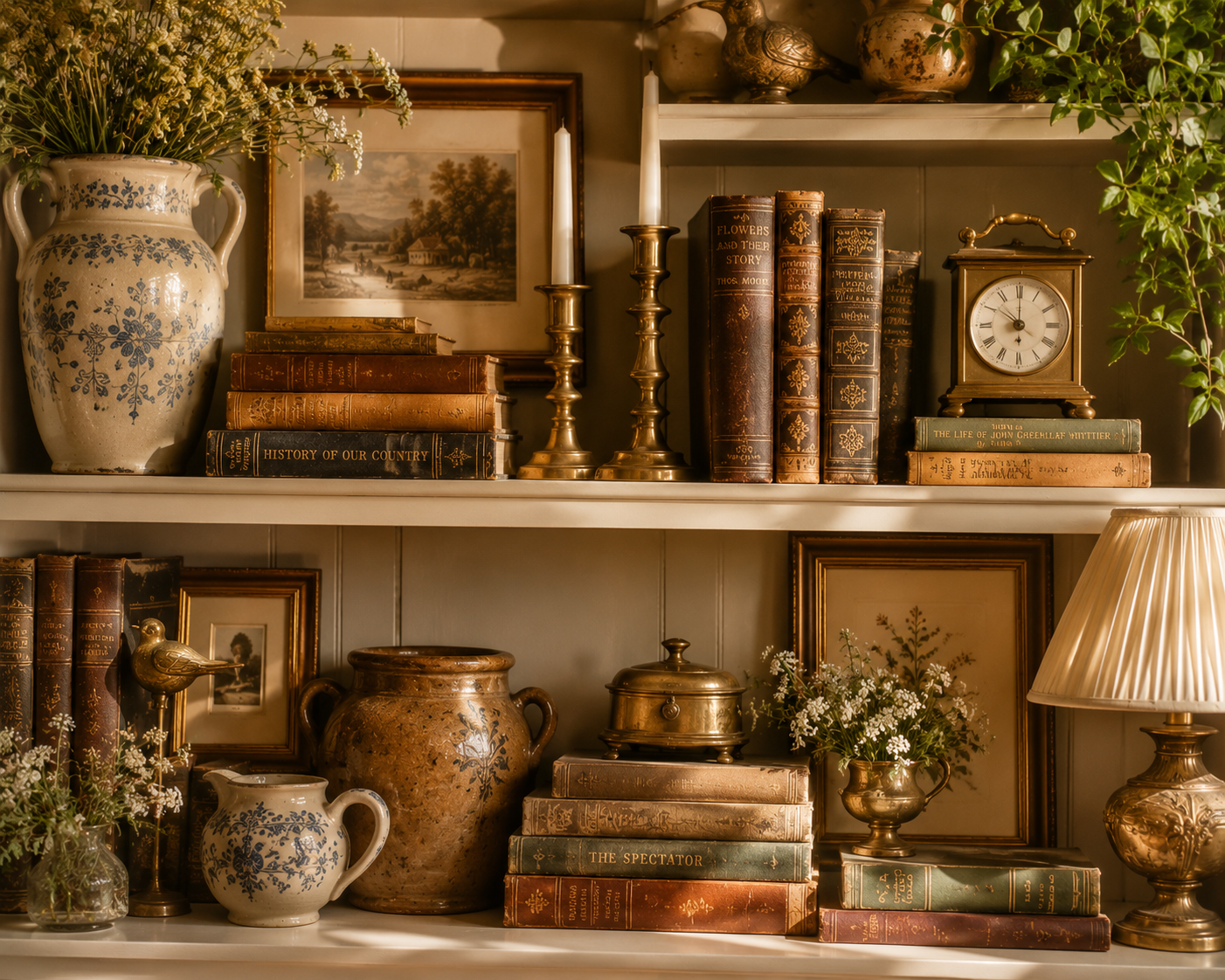 Shelf display with antique books, candlesticks, pottery, and varied heights