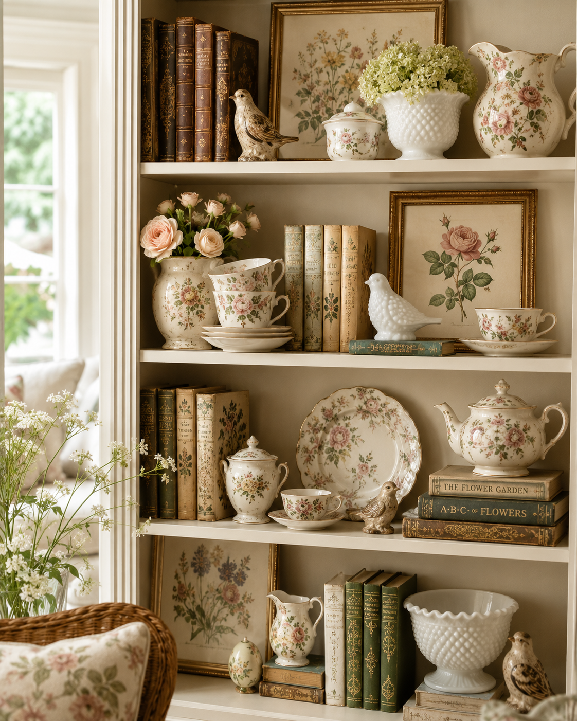 Cottagecore shelf with floral china, teacups, botanical art, books, and milk glass