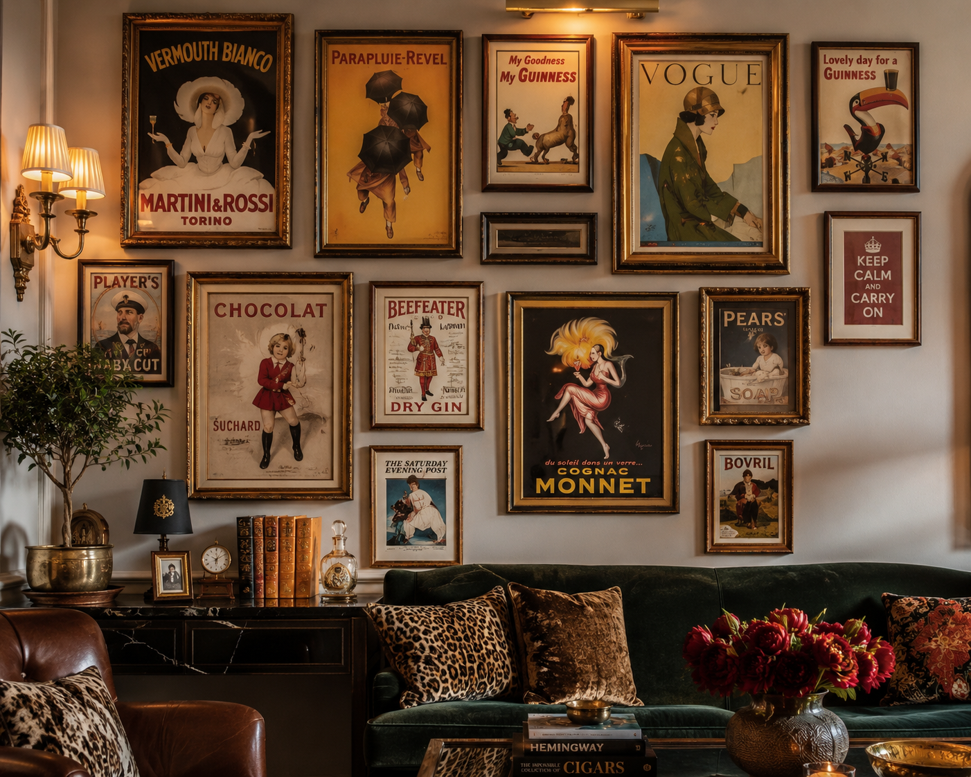 Styled bookshelf vignette with vintage books, candlesticks, artwork, and pottery