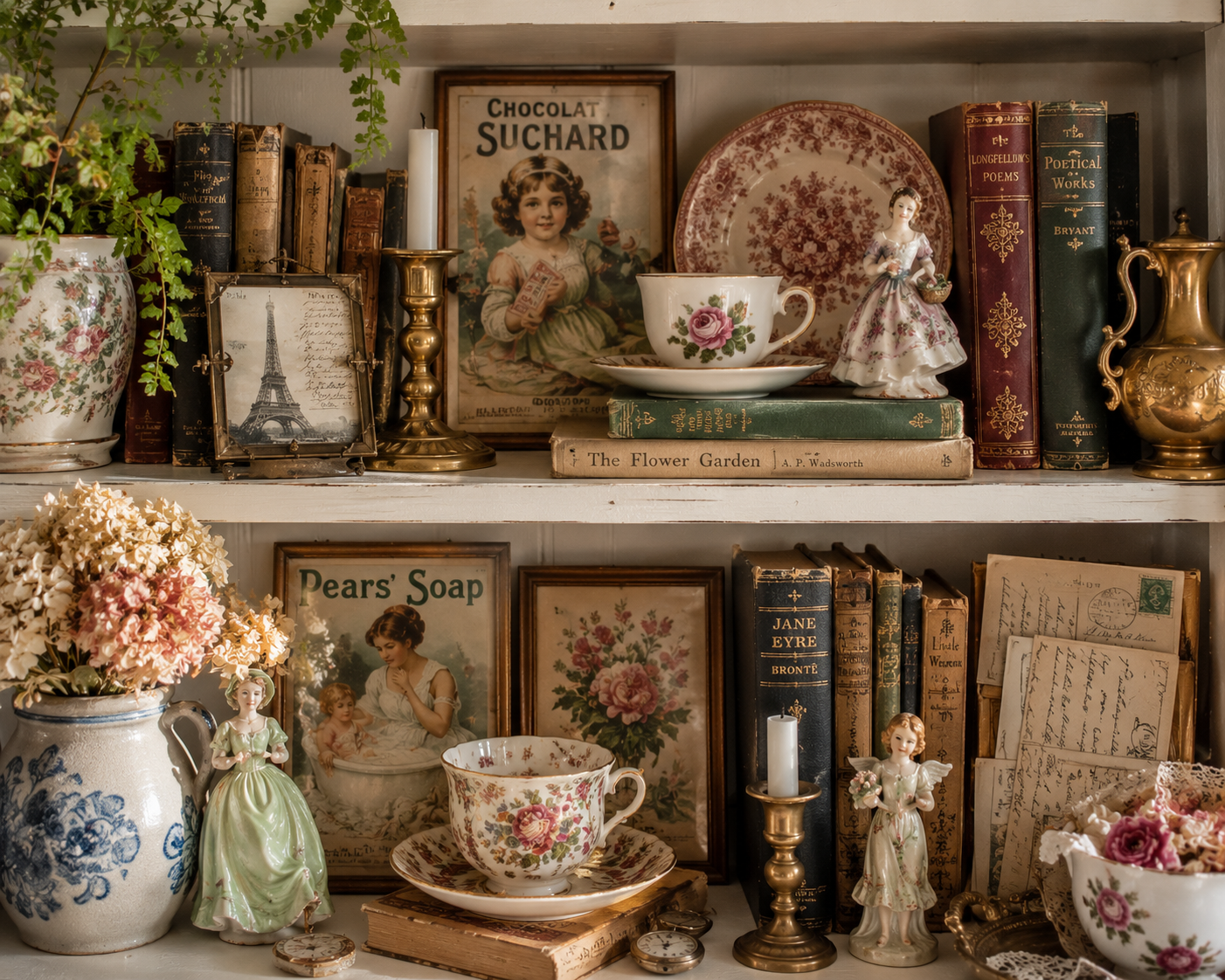 Styled bookshelf vignette with vintage books, candlesticks, artwork, and pottery