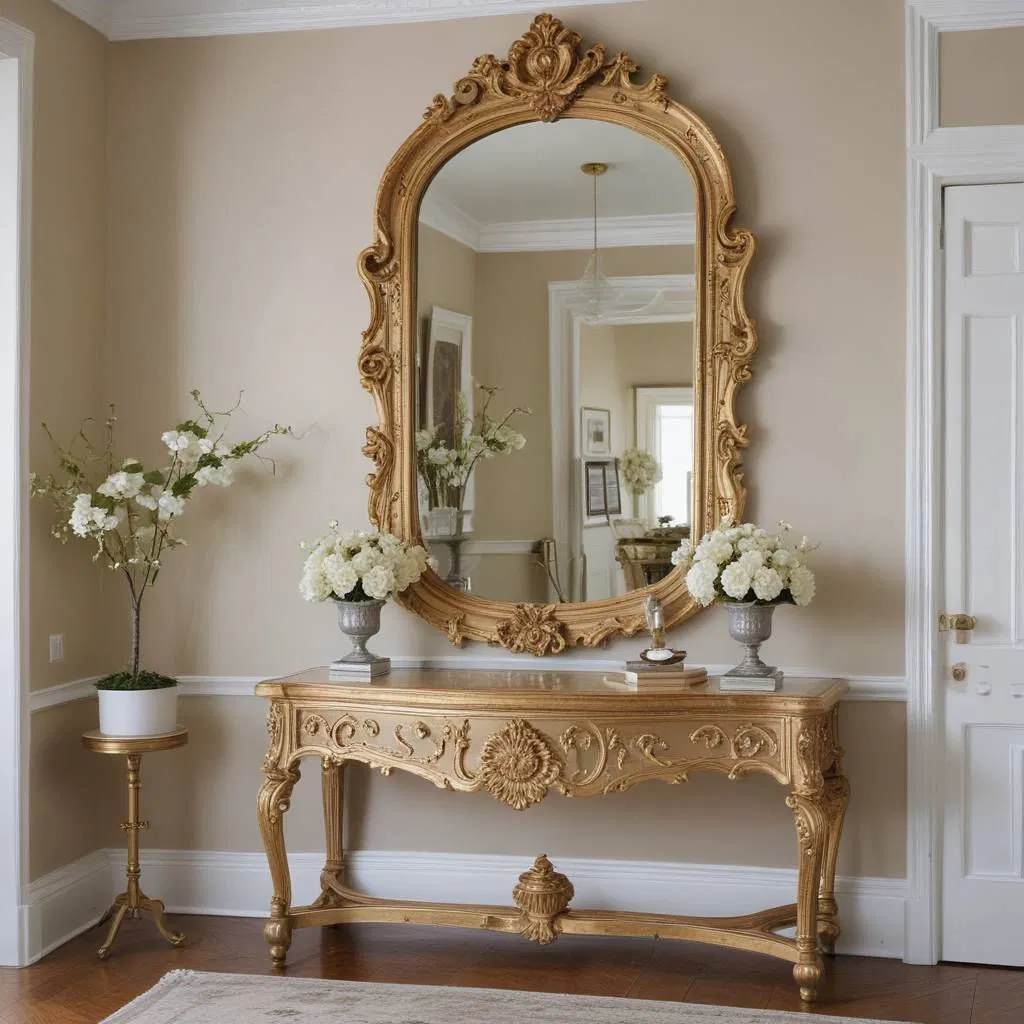 Antique gilded mirror styled above a modern console table in an entryway