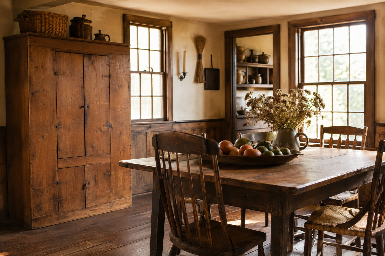 Antique primitive pine cupboard and harvest table in an early American farmhouse