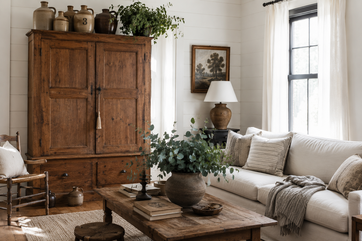 Farmhouse living room with an authentic primitive pine cupboard