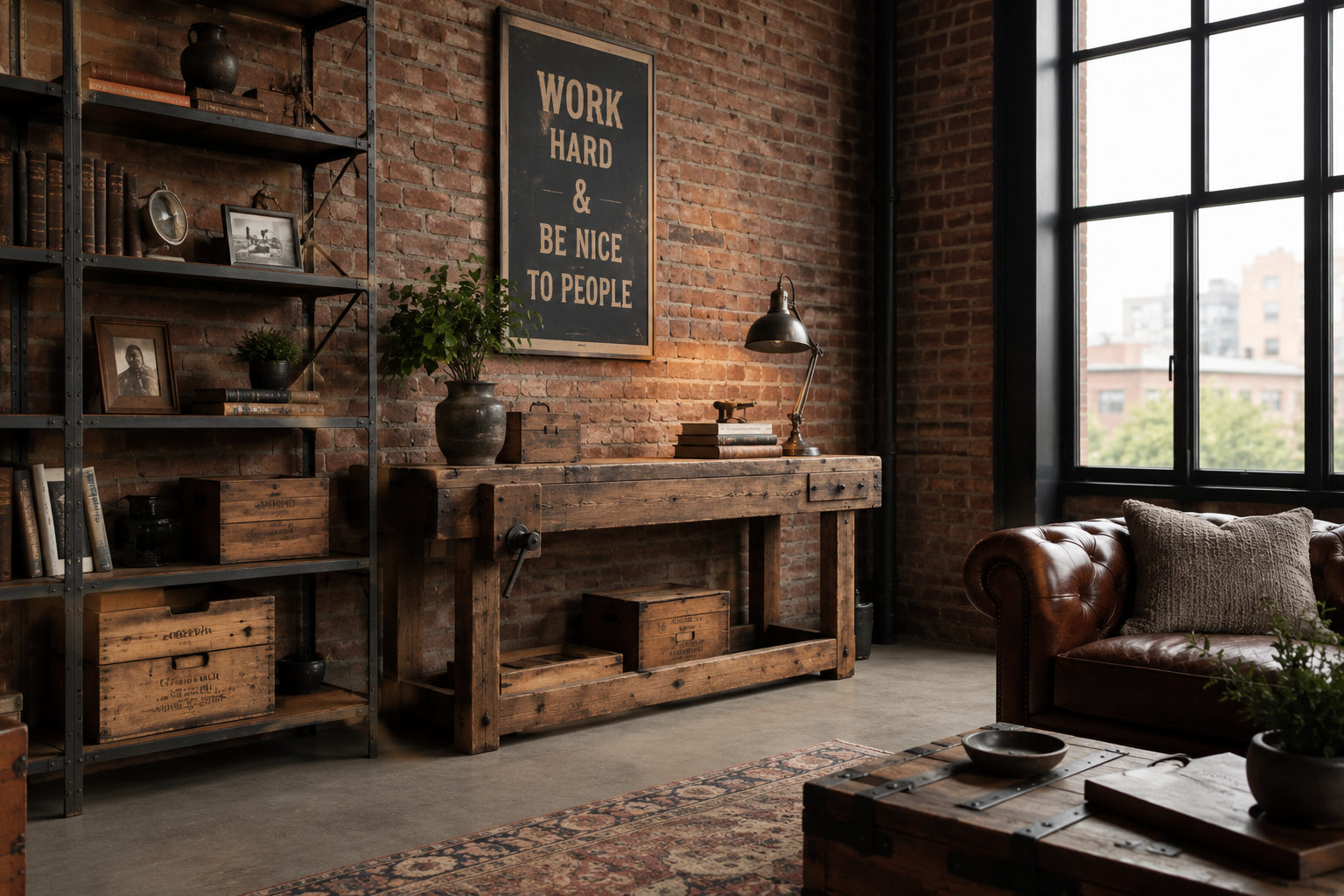 Industrial loft featuring an antique primitive workbench