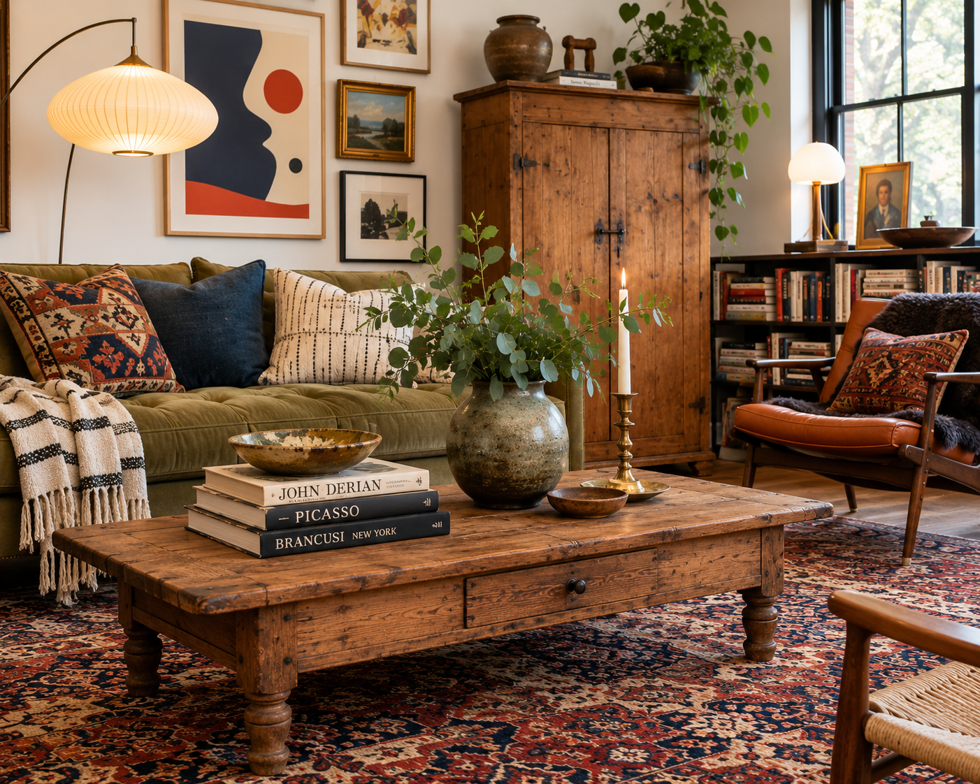 Eclectic living room with antique primitive furniture
