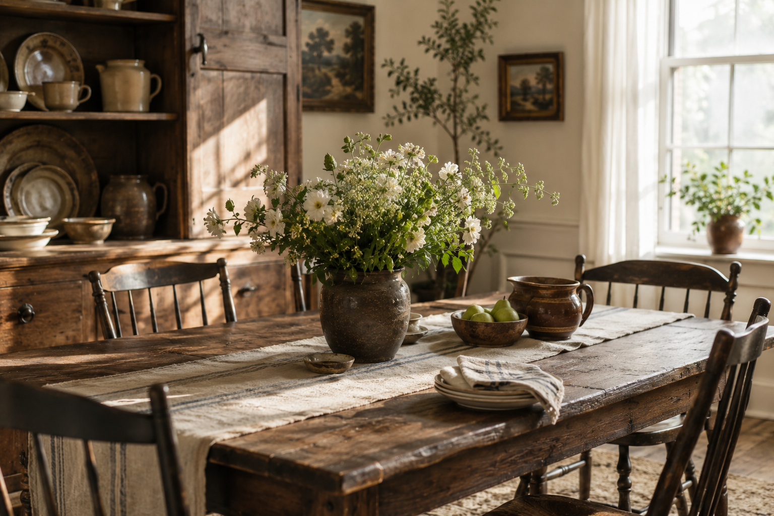 Primitive harvest table styled with handmade pottery and fresh flowers